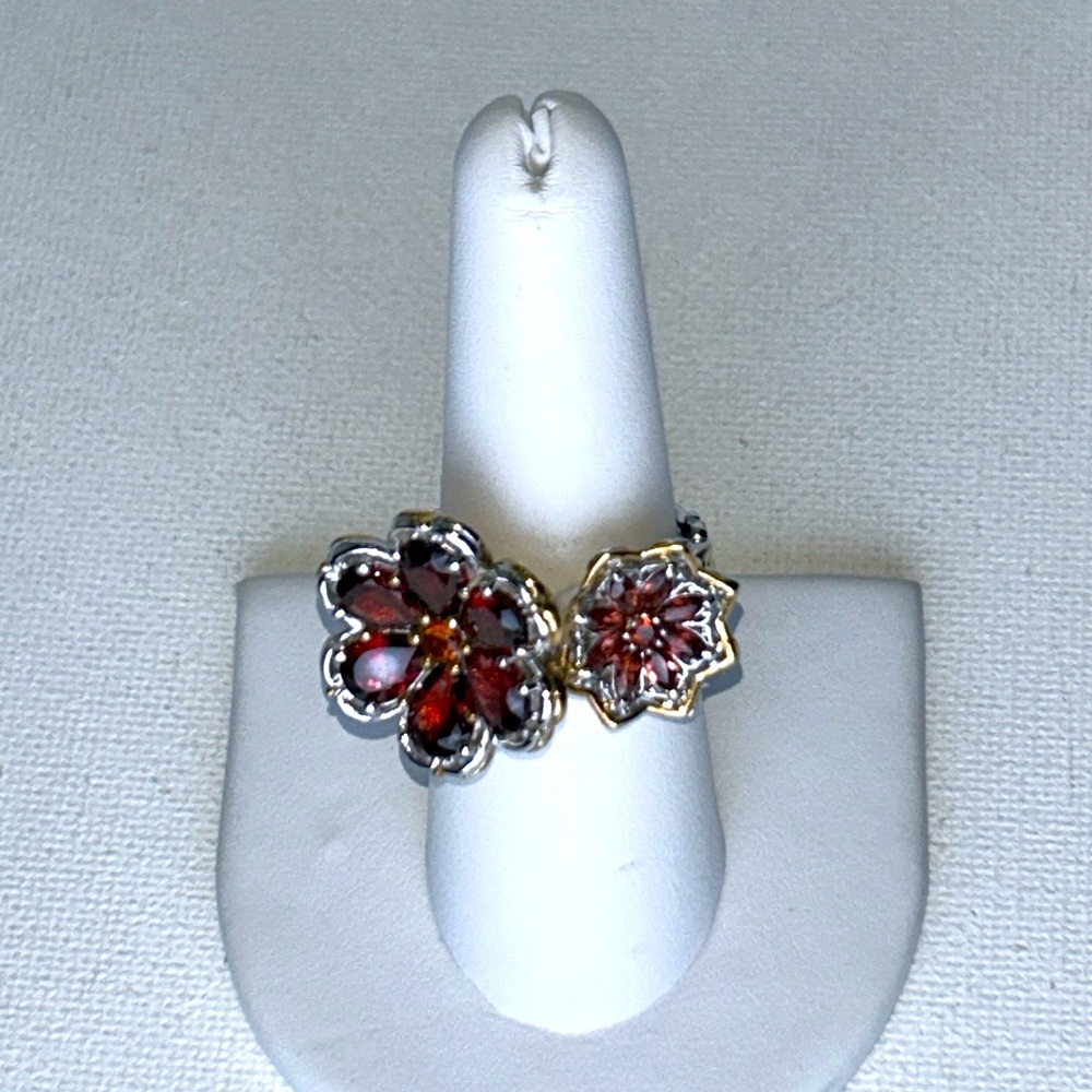 NWOT Gems en Vogue Sterling 18K Accent Genuine Gemstone 2 Flower Designer Ring